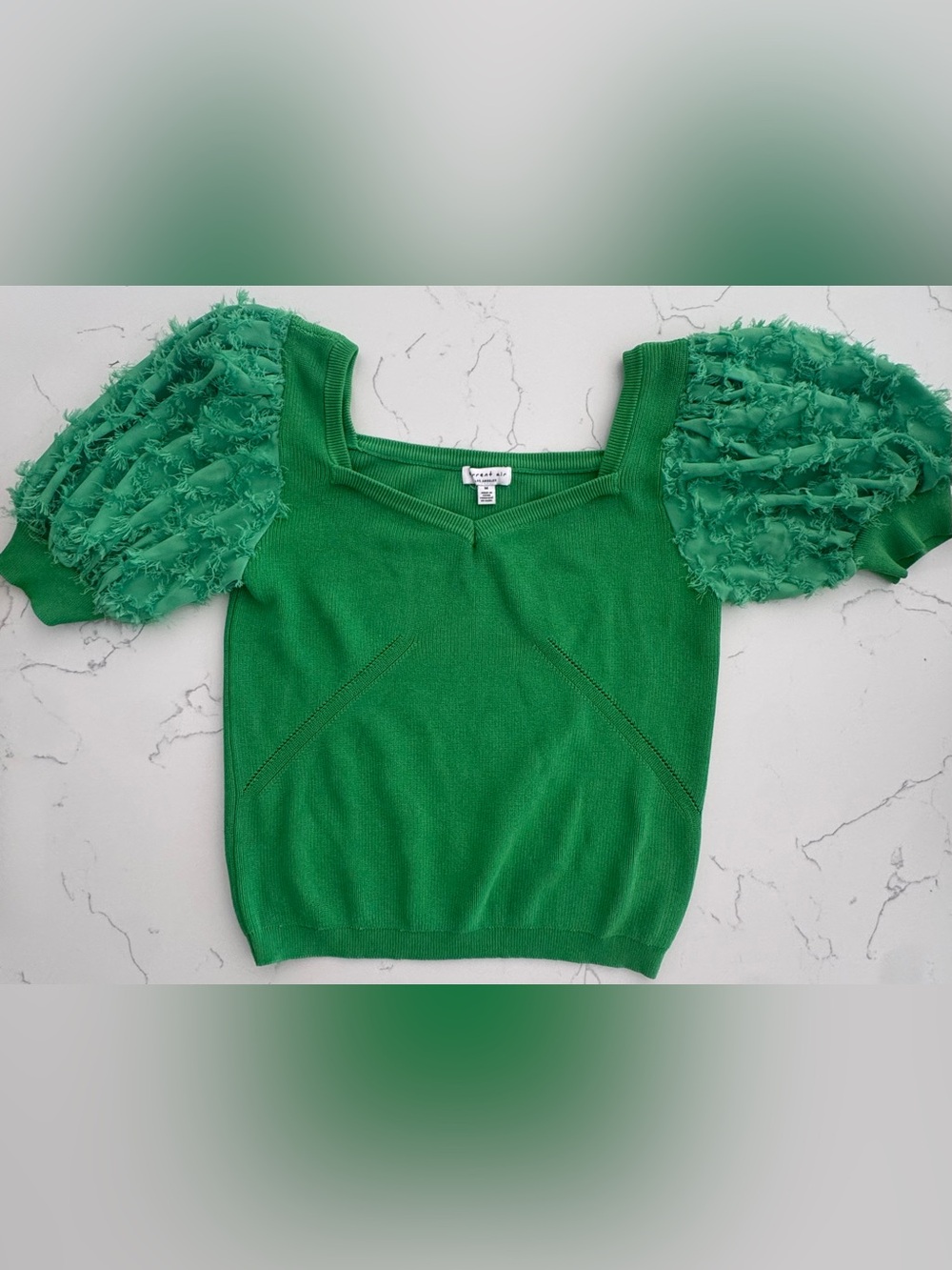 Current Air Womens M Green Puff Sleeve Sweater Top Textured Statement Sleeve